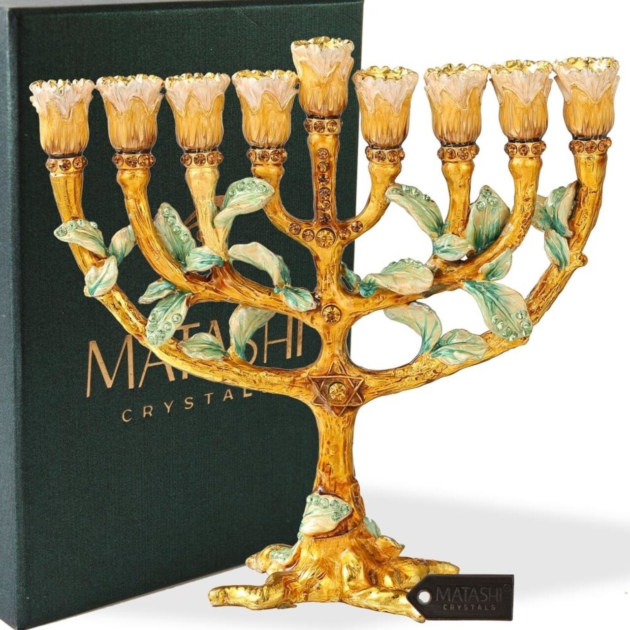 Hand Painted Enamel Menorah Candelabra With A Tree And Flower Buds Design And Embellished With Gold Accents And Fine